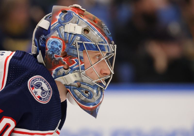 Dec 30, 2023; Buffalo, New York, USA;  Columbus Blue Jackets goaltender Daniil Tarasov (40) watches the puck during the second period against the Buffalo Sabres at KeyBank Center. Mandatory Credit: Timothy T. Ludwig-USA TODAY Sports