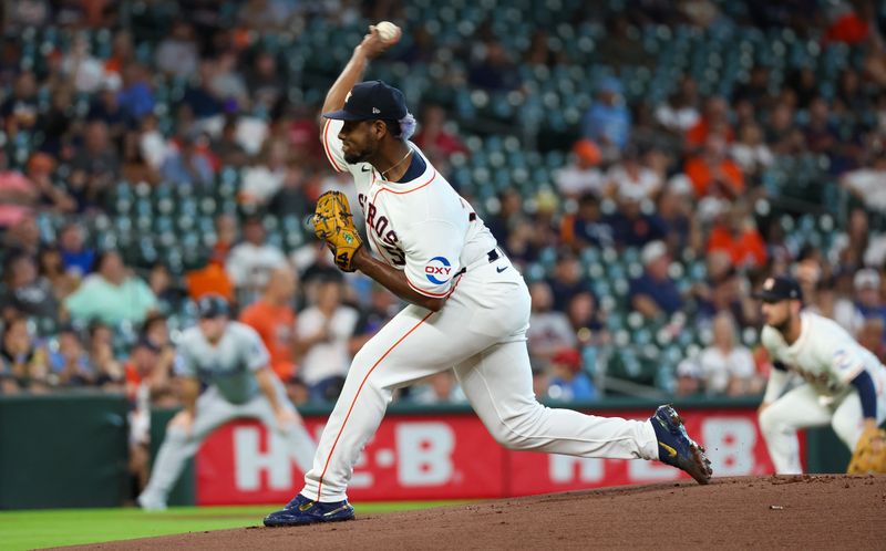 Jul 9, 2024; Houston, Texas, USA;  Houston Astros starting pitcher Ronel Blanco (56) pitches against the Miami Marlins in the first inning at Minute Maid Park. Mandatory Credit: Thomas Shea-USA TODAY Sports