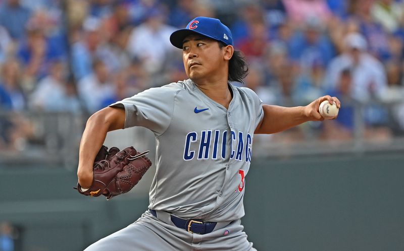 Jul 27, 2024; Kansas City, Missouri, USA;  Chicago Cubs starting pitcher Shota Imanaga (18) delivers a pitch in the first inning against the Kansas City Royals at Kauffman Stadium. Mandatory Credit: Peter Aiken-USA TODAY Sports