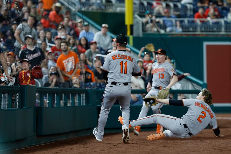 Apr 24, 2025; Washington, District of Columbia, USA; Baltimore Orioles second base Jordan Westburg (11), Orioles shortstop Gunnar Henderson (2), and Orioles outfielder Heston Kjerstad (13) attempt to catch a foul pop up hit by Washington Nationals third base Amed Rosario (13) during the ninth inning at Nationals Park. Mandatory Credit: Geoff Burke-Imagn Images