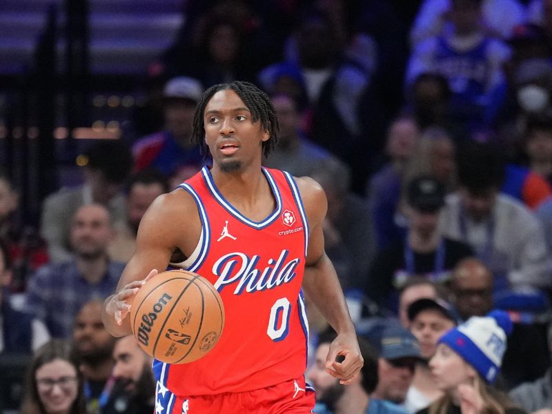 PHILADELPHIA, PA - JANUARY 5: Tyrese Maxey #0 of the Philadelphia 76ers brings the ball up court against the New York Knicks on January 5, 2024 at the Wells Fargo Center in Philadelphia, Pennsylvania NOTE TO USER: User expressly acknowledges and agrees that, by downloading and/or using this Photograph, user is consenting to the terms and conditions of the Getty Images License Agreement. Mandatory Copyright Notice: Copyright 2024 NBAE (Photo by Jesse D. Garrabrant/NBAE via Getty Images)