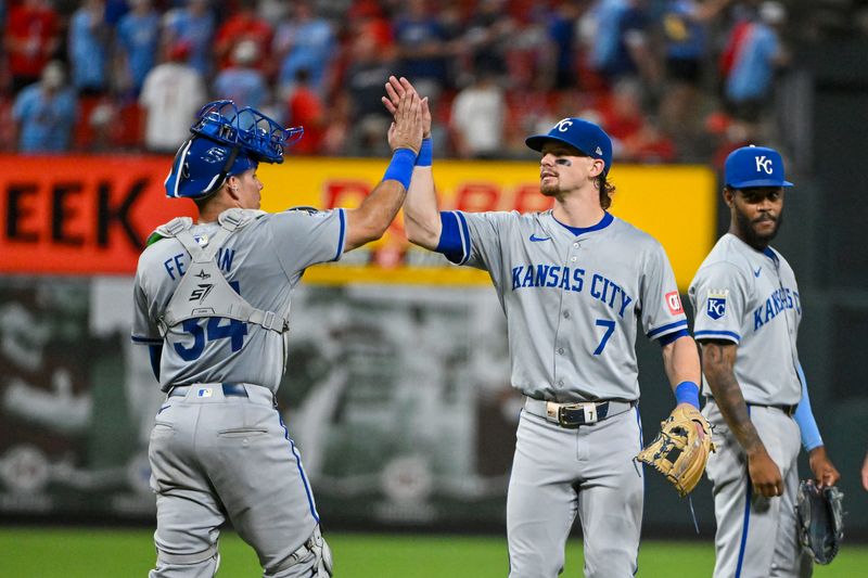 Jul 10, 2024; St. Louis, Missouri, USA;  Kansas City Royals shortstop Bobby Witt Jr. (7) celebrates with catcher Freddy Fermin (34) after the Royals defeated the St. Louis Cardinals at Busch Stadium. Mandatory Credit: Jeff Curry-USA TODAY Sports