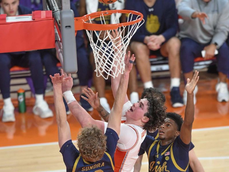 Feb 26, 2025; Clemson, South Carolina, USA;  Clemson senior forward Ian Schieffelin (4) scores near Notre Dame forward Garrett Sundra (12) during the first half at Littlejohn Coliseum. Mandatory Credit: Ken Ruinard-Imagn Images