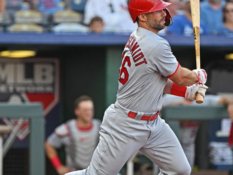 Aug 12, 2023; Kansas City, Missouri, USA;  St. Louis Cardinals first baseman Paul Goldschmidt (46) singles in the first inning against the Kansas City Royals at Kauffman Stadium. Mandatory Credit: Peter Aiken-USA TODAY Sports