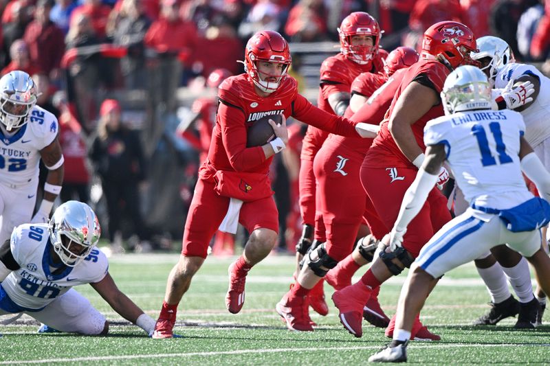 Nov 25, 2023; Louisville, Kentucky, USA;  Louisville Cardinals quarterback Jack Plummer (13) runs the ball against the Kentucky Wildcats during the first quarter at L&N Federal Credit Union Stadium. Mandatory Credit: Jamie Rhodes-USA TODAY Sports