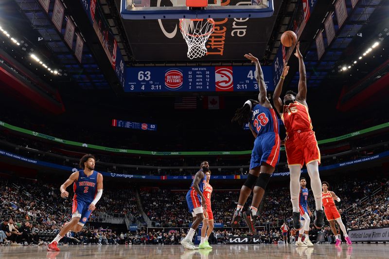 DETROIT, MI - NOVEMBER 8: Clint Capela #15 of the Atlanta Hawks shoots the ball during the game against the Detroit Pistons on November  8, 2024 at Little Caesars Arena in Detroit, Michigan. NOTE TO USER: User expressly acknowledges and agrees that, by downloading and/or using this photograph, User is consenting to the terms and conditions of the Getty Images License Agreement. Mandatory Copyright Notice: Copyright 2024 NBAE (Photo by Chris Schwegler/NBAE via Getty Images)