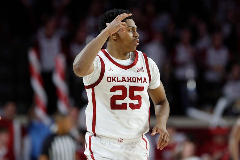 Mar 4, 2023; Norman, Oklahoma, USA; Oklahoma Sooners guard Grant Sherfield (25) gestures after scoring against the TCU Horned Frogs during the first half at Lloyd Noble Center. Mandatory Credit: Alonzo Adams-USA TODAY Sports