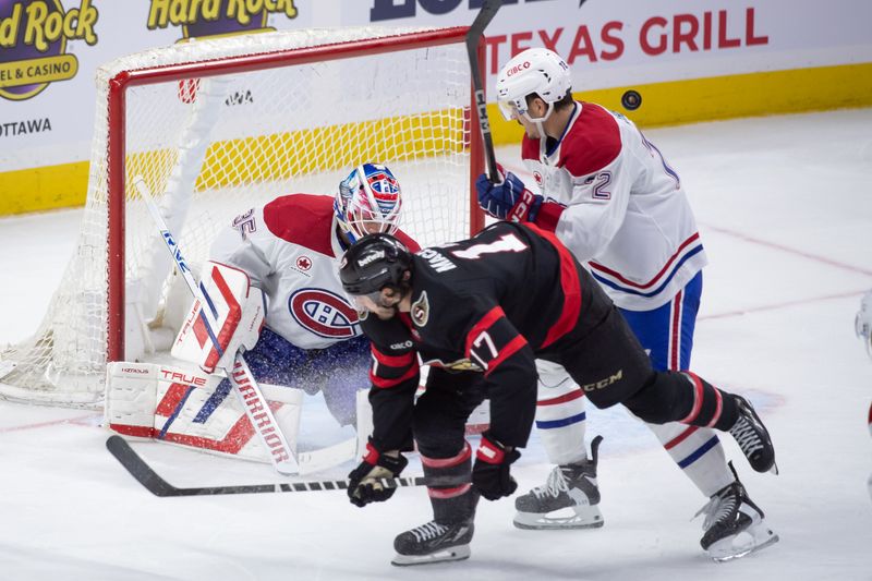 Oct 5, 2024; Ottawa, Ontario, CAN; Montreal Canadiens goalie Sam Montambeault (35) makes a save in front of Ottawa Senators right wing Zack MacEwen (17) in the third period at the Canadian Tire Centre. Mandatory Credit: Marc DesRosiers-Imagn Images