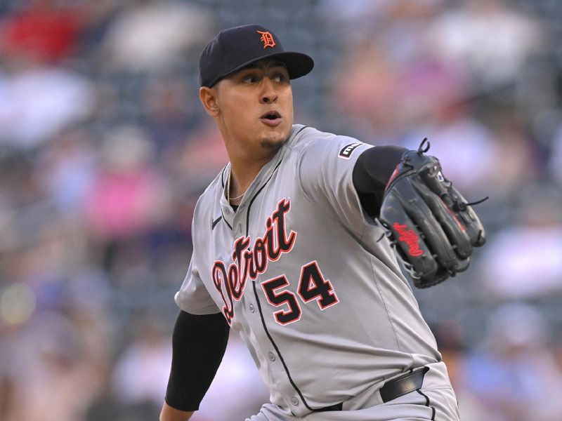 Jul 3, 2024; Minneapolis, Minnesota, USA; Detroit Tigers starting pitcher Keider Montero (54) delivers a pitch during the first inning at Target Field. Mandatory Credit: Nick Wosika-USA TODAY Sports