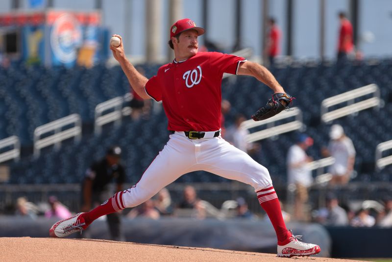 Mar 5, 2026; West Palm Beach, Florida, USA; Washington Nationals pitcher Miles Mikolas (36) delivers a pitch against the New York Mets during the first inning at CACTI Park of the Palm Beaches. Mandatory Credit: Sam Navarro-Imagn Images