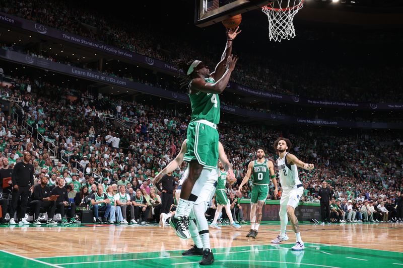 BOSTON, MA - JUNE 17: Jaylen Brown #7 of the Boston Celtics drives to the basket during the game against the Dallas Mavericks during Game 5 of the 2024 NBA Finals on June 17, 2024 at the TD Garden in Boston, Massachusetts. NOTE TO USER: User expressly acknowledges and agrees that, by downloading and or using this photograph, User is consenting to the terms and conditions of the Getty Images License Agreement. Mandatory Copyright Notice: Copyright 2024 NBAE  (Photo by Nathaniel S. Butler/NBAE via Getty Images)