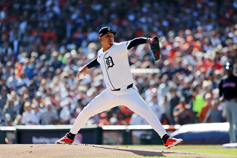 Oct 9, 2024; Detroit, Michigan, USA; Detroit Tigers starting pitcher Keider Montero (54) pitches against the Cleveland Guardians during game three of the ALDS for the 2024 MLB Playoffs at Comerica Park. Mandatory Credit: David Reginek-Imagn Images