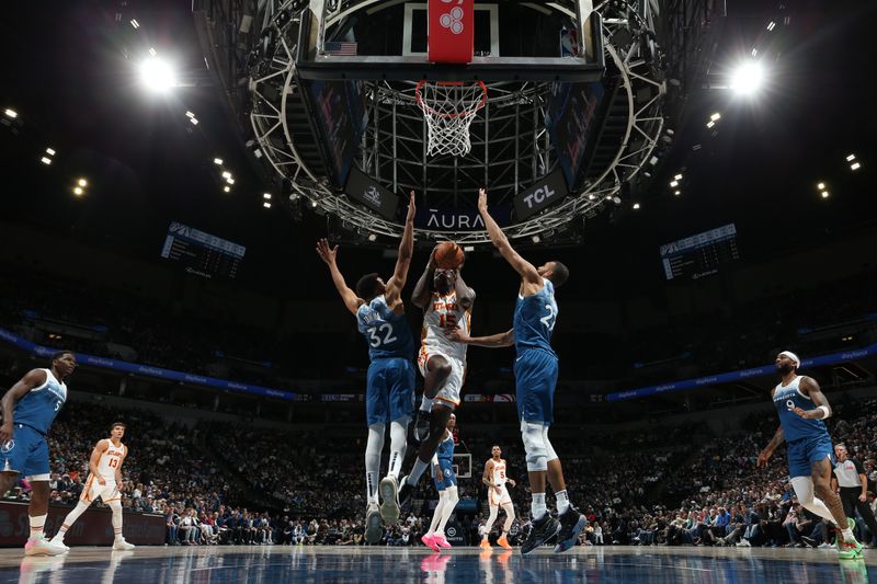 MINNEAPOLIS, MN -  APRIL 12:  Clint Capela #15 of the Atlanta Hawks drives to the basket during the game against the Minnesota Timberwolves on April 12, 2024 at Target Center in Minneapolis, Minnesota. NOTE TO USER: User expressly acknowledges and agrees that, by downloading and or using this Photograph, user is consenting to the terms and conditions of the Getty Images License Agreement. Mandatory Copyright Notice: Copyright 2024 NBAE (Photo by David Sherman/NBAE via Getty Images)