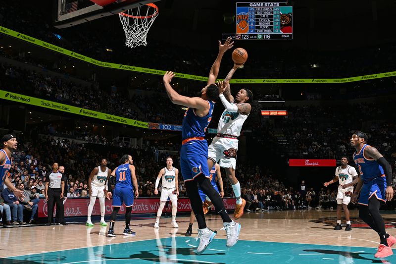 MEMPHIS, TN - FEBRUARY 28: Ja Morant #12 of the Memphis Grizzlies shoots the ball during the game against the New York Knicks on February  28, 2025 at FedExForum in Memphis, Tennessee. NOTE TO USER: User expressly acknowledges and agrees that, by downloading and or using this photograph, User is consenting to the terms and conditions of the Getty Images License Agreement. Mandatory Copyright Notice: Copyright 2025 NBAE (Photo by Grant Burke/NBAE via Getty Images)