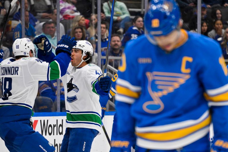 Oct 30, 2025; St. Louis, Missouri, USA; Vancouver Canucks left wing Kiefer Sherwood (44) celebrates with left wing Drew O'Connor (18) after recording a hat trick with his third goal of the game during the third period at Enterprise Center. Mandatory Credit: Jeff Curry-Imagn Images Oct 30, 2025; St. Louis, Missouri, USA; Vancouver Canucks left wing Kiefer Sherwood (44) celebrates with left wing Drew O'Connor (18) after recording a hat trick with his third goal of the game during the third period at Enterprise Center. Mandatory Credit: Jeff Curry-Imagn Images