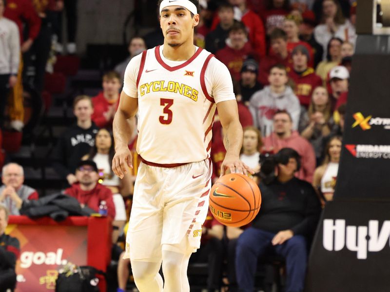 Feb 17, 2024; Ames, Iowa, USA; Iowa State Cyclones guard Tamin Lipsey (3) brings the ball up court against the Texas Tech Red Raiders during the second half at James H. Hilton Coliseum. Mandatory Credit: Reese Strickland-USA TODAY Sports