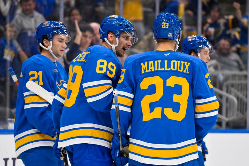 Oct 2, 2025; St. Louis, Missouri, USA; St. Louis Blues left wing Pavel Buchnevich (89) is congratulated by teammates after scoring against the Ottawa Senators during the second period at Enterprise Center. Mandatory Credit: Jeff Curry-Imagn Images