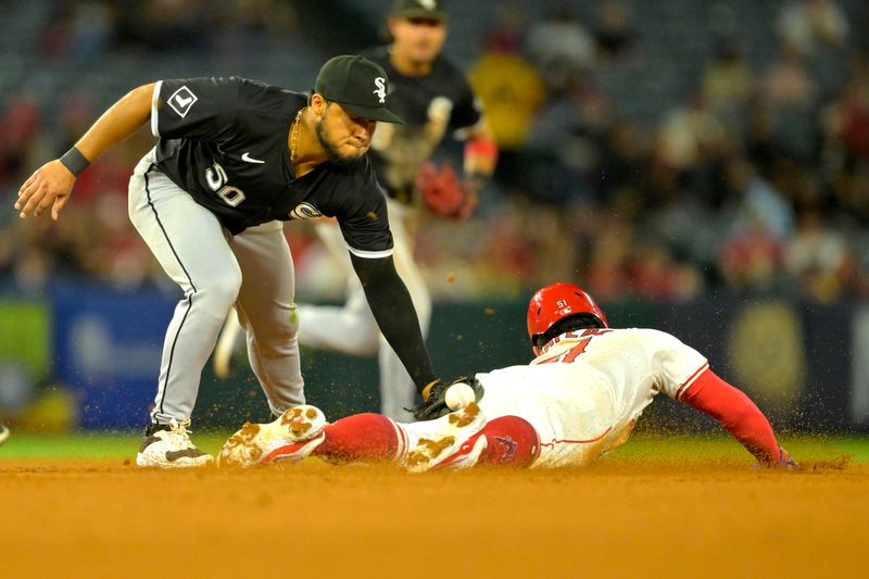 Sep 17, 2024; Anaheim, California, USA;  The ball pops out of the glove of Chicago White Sox second baseman Lenyn Sosa (50) giving Los Angeles Angels right fielder Gustavo Campero (51) a stolen base in the fifth inning at Angel Stadium. Mandatory Credit: Jayne Kamin-Oncea-Imagn Images