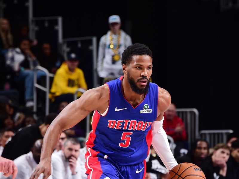 DETROIT, MI - JANUARY 16:  Malik Beasley #5 of the Detroit Pistons drives to the basket during the game against the Indiana Pacers on January 16, 2025 at Little Caesars Arena in Detroit, Michigan. NOTE TO USER: User expressly acknowledges and agrees that, by downloading and/or using this photograph, User is consenting to the terms and conditions of the Getty Images License Agreement. Mandatory Copyright Notice: Copyright 2025 NBAE (Photo by Chris Schwegler/NBAE via Getty Images)