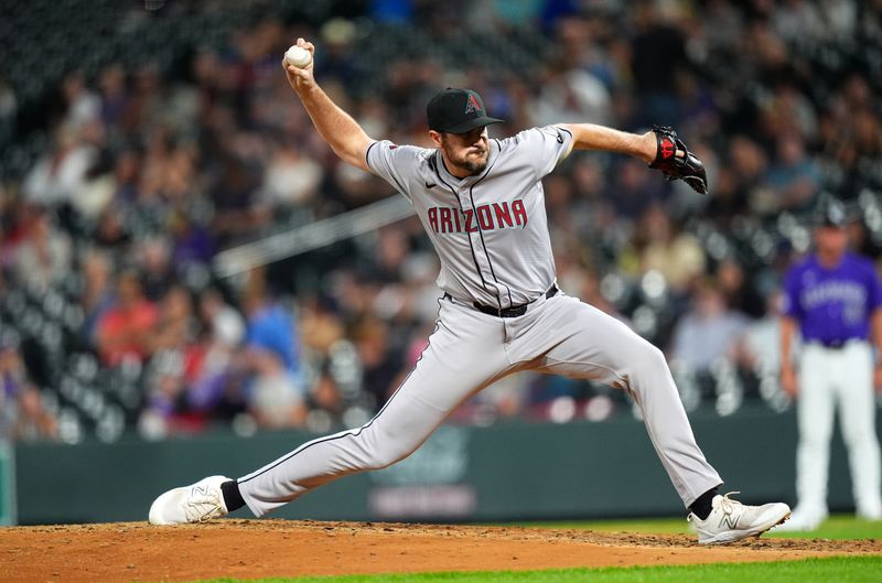 Sep 16, 2024; Denver, Colorado, USA; Arizona Diamondbacks relief pitcher Ryan Thompson (81) delivers a pitch the ninth inning against the Colorado Rockies at Coors Field. Mandatory Credit: Ron Chenoy-Imagn Images