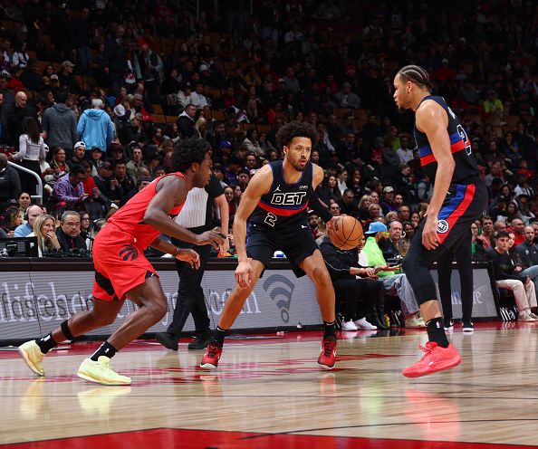 TORONTO, CANADA - NOVEMBER 19: Cade Cunningham #2 of the Detroit Pistons dribbles the ball during the game against the Toronto Raptors on November 19, 2023 at the Scotiabank Arena in Toronto, Ontario, Canada.  NOTE TO USER: User expressly acknowledges and agrees that, by downloading and or using this Photograph, user is consenting to the terms and conditions of the Getty Images License Agreement.  Mandatory Copyright Notice: Copyright 2023 NBAE (Photo by Vaughn Ridley/NBAE via Getty Images)