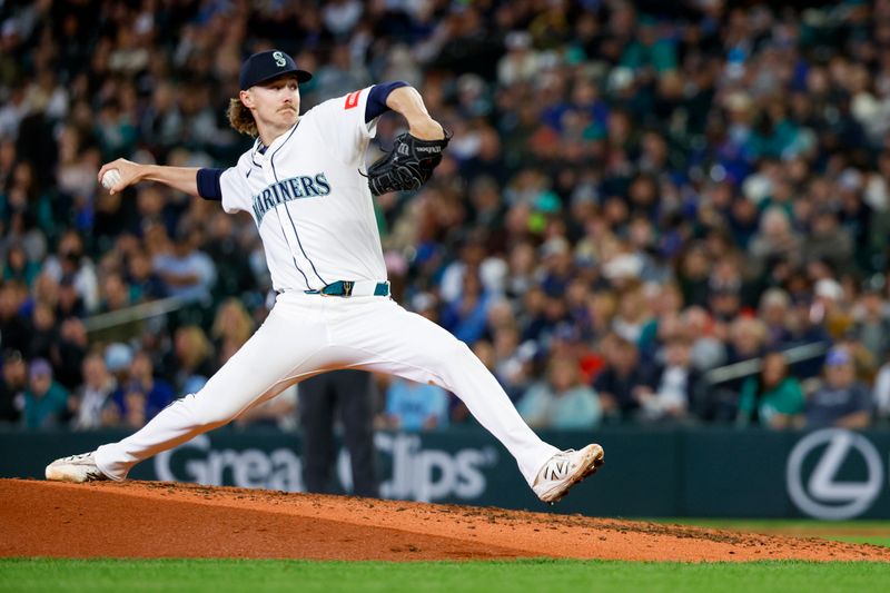 May 31, 2025; Seattle, Washington, USA; Seattle Mariners starting pitcher Bryce Miller (50) throws against the Minnesota Twins during the fourth inning at T-Mobile Park. Mandatory Credit: Joe Nicholson-Imagn Images
