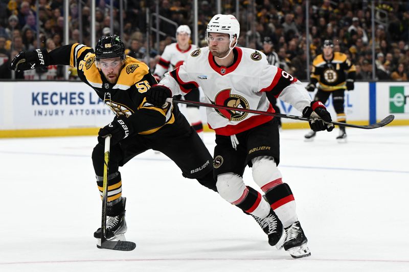 Nov 9, 2024; Boston, Massachusetts, USA; Boston Bruins right wing Justin Brazeau (55) and Ottawa Senators center Josh Norris (9) race for a puck during the first period at TD Garden. Mandatory Credit: Brian Fluharty-Imagn Images