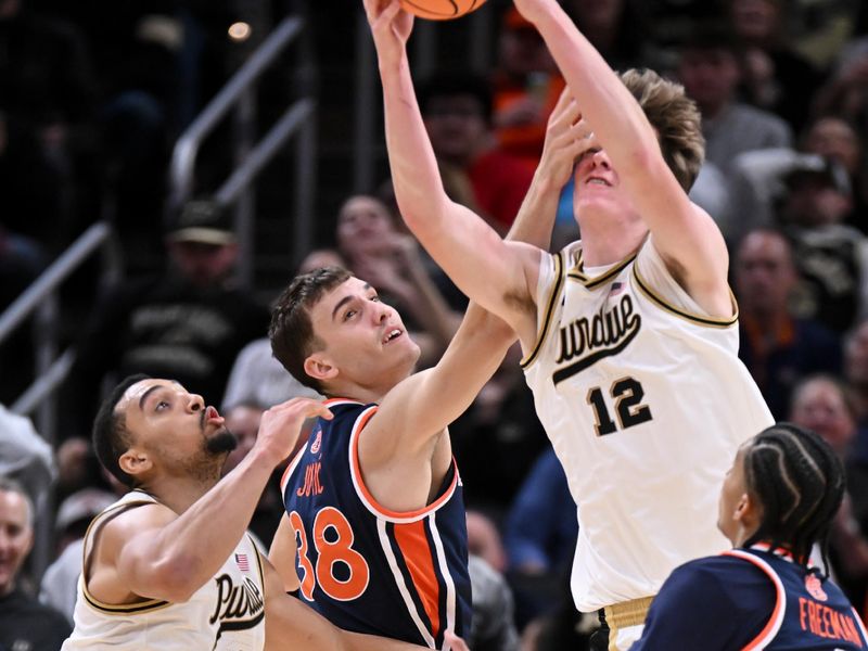 Dec 20, 2025; Indianapolis, Indiana, USA; Purdue Boilermakers center Daniel Jacobsen (12) rebounds the ball against Auburn Tigers forward Filip Jovic (38) during the first half at Gainbridge Fieldhouse. Mandatory Credit: Robert Goddin-Imagn Images