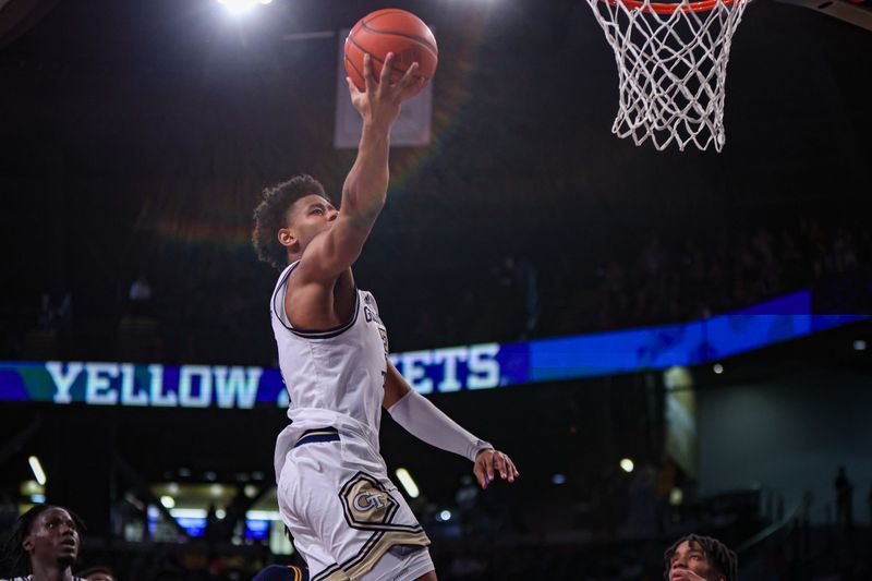 Feb 15, 2025; Atlanta, Georgia, USA; Georgia Tech Yellow Jackets guard Jaeden Mustaf (3) shoots against the California Golden Bears in the second half at McCamish Pavilion. Mandatory Credit: Brett Davis-Imagn Images