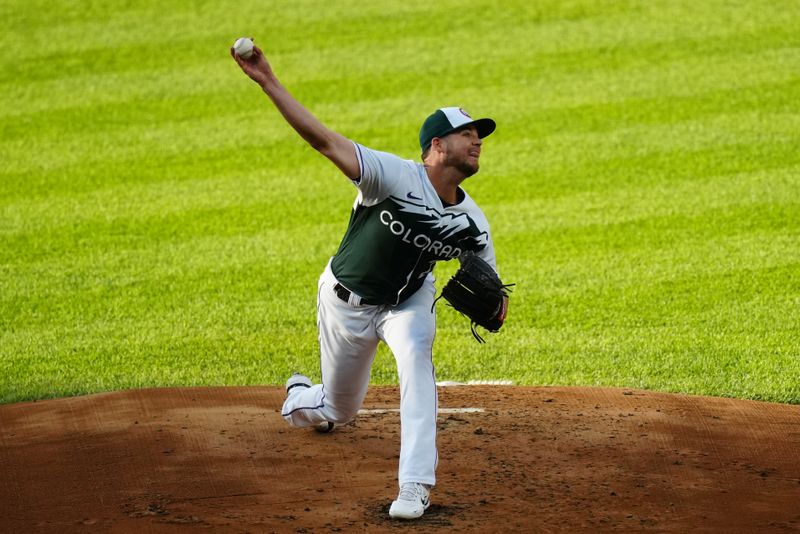 Jul 1, 2023; Denver, Colorado, USA; Colorado Rockies relief pitcher Peter Lambert (20) delvers a pitch in the second inning against the Colorado Rockies at Coors Field. Mandatory Credit: Ron Chenoy-USA TODAY Sports