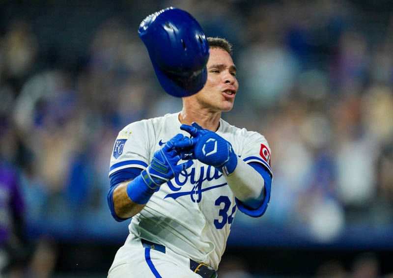 Apr 22, 2025; Kansas City, Missouri, USA; Kansas City Royals catcher Freddy Fermin (34) celebrates after hitting a walk-off single during the eleventh inning against the Colorado Rockies at Kauffman Stadium. Mandatory Credit: Jay Biggerstaff-Imagn Images