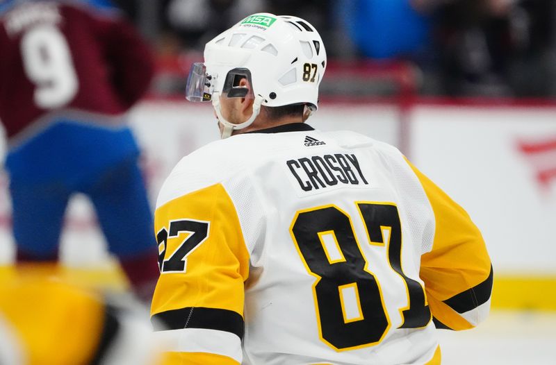 Mar 24, 2024; Denver, Colorado, USA; General view of Pittsburgh Penguins center Sidney Crosby (87) before the game against the Colorado Avalanche at Ball Arena. Mandatory Credit: Ron Chenoy-USA TODAY Sports