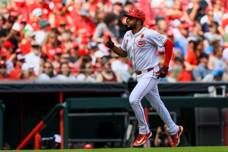 May 27, 2024; Cincinnati, Ohio, USA; Cincinnati Reds third baseman Jeimer Candelario (3) reacts after hitting a solo home run in the first inning against the St. Louis Cardinals at Great American Ball Park. Mandatory Credit: Katie Stratman-USA TODAY Sports