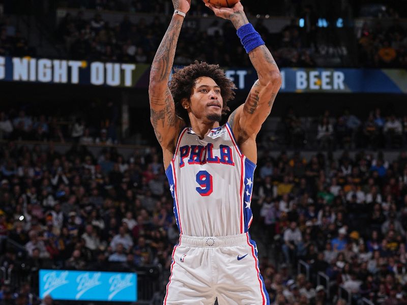 DENVER, CO - JANUARY 27: Kelly Oubre Jr. #9 of the Philadelphia 76ers three point basket during the game against the Denver Nuggets on January 27, 2024 at the Ball Arena in Denver, Colorado. NOTE TO USER: User expressly acknowledges and agrees that, by downloading and/or using this Photograph, user is consenting to the terms and conditions of the Getty Images License Agreement. Mandatory Copyright Notice: Copyright 2024 NBAE (Photo by Bart Young/NBAE via Getty Images)