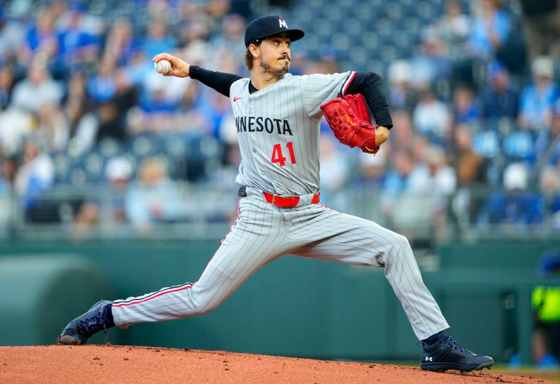 Apr 9, 2025; Kansas City, Missouri, USA; Minnesota Twins starting pitcher Joe Ryan (41) pitches during the first inning against the Kansas City Royals at Kauffman Stadium. Mandatory Credit: Jay Biggerstaff-Imagn Images