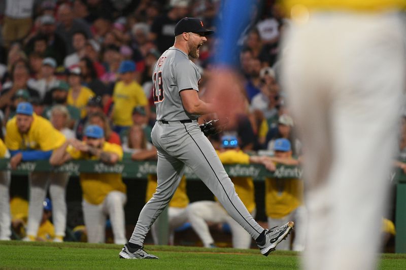 Sep 27, 2025; Boston, Massachusetts, USA; Detroit Tigers relief pitcher Will Vest (19) reacts after the final out during the ninth inning against the Boston Red Sox at Fenway Park. Mandatory Credit: Bob DeChiara-Imagn Images