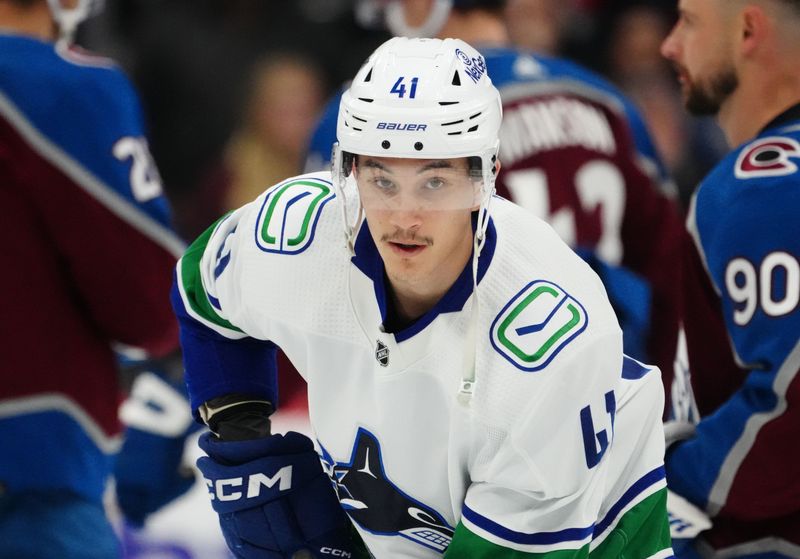 Nov 22, 2023; Denver, Colorado, USA; Vancouver Canucks defenseman Akito Hirose (41) before the game Colorado Avalanche at Ball Arena. Mandatory Credit: Ron Chenoy-USA TODAY Sports