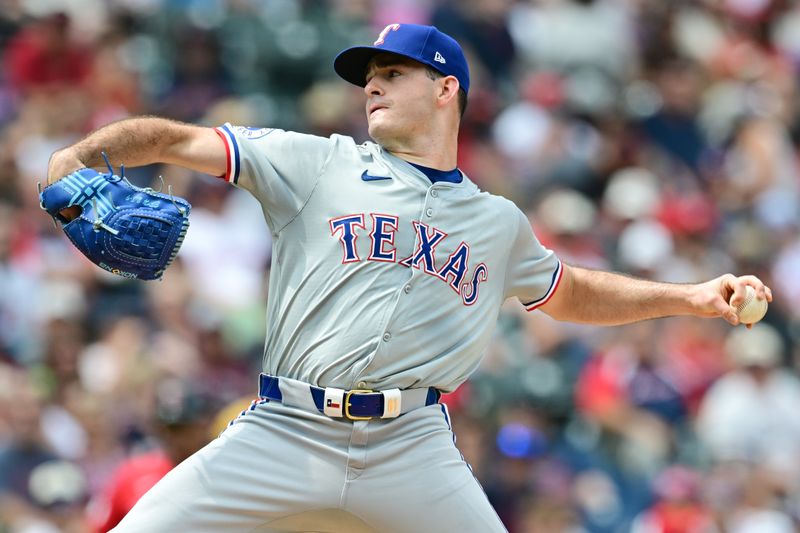 Aug 25, 2024; Cleveland, Ohio, USA; Texas Rangers starting pitcher Cody Bradford (61) throws a pitch during the first inning against the Cleveland Guardians at Progressive Field. Mandatory Credit: Ken Blaze-USA TODAY Sports