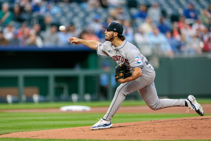 Apr 10, 2024; Kansas City, Missouri, USA; Houston Astros pitcher Spencer Arrighetti (41) pitching during the first inning against the Kansas City Royals at Kauffman Stadium. Mandatory Credit: William Purnell-USA TODAY Sports