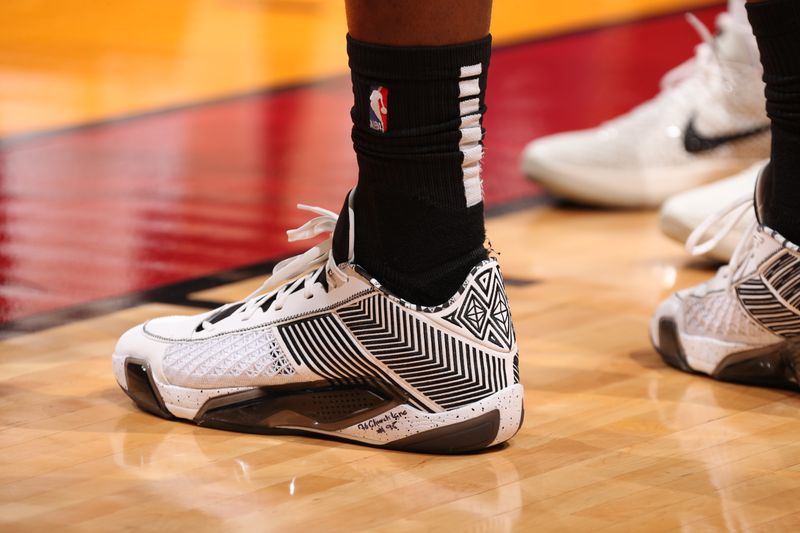 MIAMI, FL - MARCH 22: The sneakers worn by Bam Adebayo #13 of the Miami Heat during the game against the New Orleans Pelicans on March 22, 2024 at Kaseya Center in Miami, Florida. NOTE TO USER: User expressly acknowledges and agrees that, by downloading and or using this Photograph, user is consenting to the terms and conditions of the Getty Images License Agreement. Mandatory Copyright Notice: Copyright 2024 NBAE (Photo by Issac Baldizon/NBAE via Getty Images)