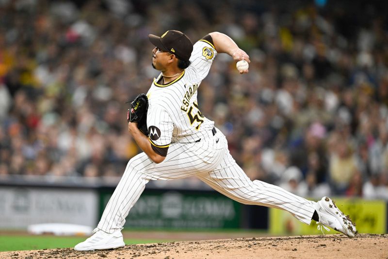 Jun 6, 2024; San Diego, California, USA; San Diego Padres relief pitcher Jeremiah Estrada (56) delivers during the seventh inning against the Arizona Diamondbacks at Petco Park. Mandatory Credit: Denis Poroy-USA TODAY Sports at Petco Park. 