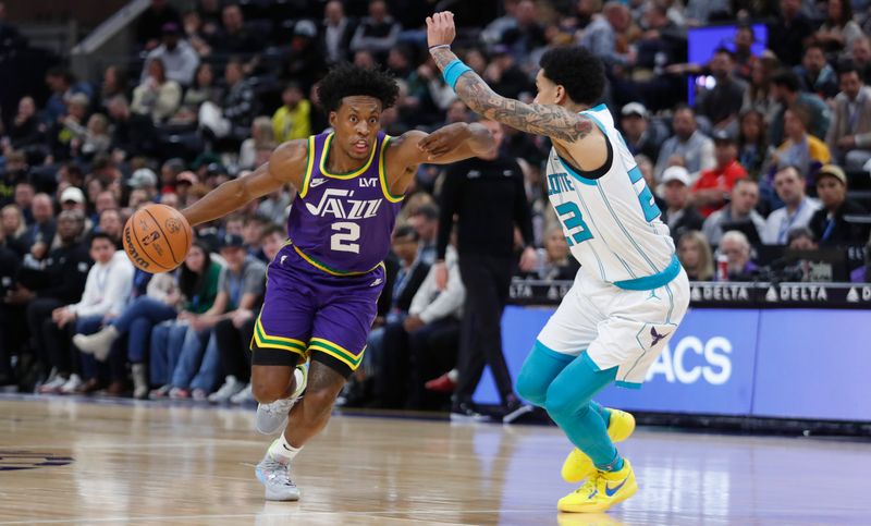 SALT LAKE CITY, UT - FEBRUARY 22:  Collin Sexton #2 of the Utah Jazz drives to the basket against Tre Mann #23 of the Charlotte Hornets at the Delta Center on February 22, 2024 in Salt Lake City, Utah.  NOTE TO USER: User expressly acknowledges and agrees that, by downloading and or using this Photograph, User is concenting to the terms and conditions of the Getty Images license Agreement. (Photo by Chris Gardner/Getty Images)