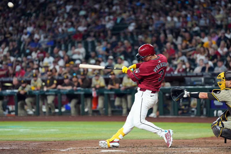 May 5, 2024; Phoenix, Arizona, USA; Arizona Diamondbacks designated hitter Joc Pederson (3) hits a two run home run against the San Diego Padres during the fourth inning at Chase Field. Mandatory Credit: Joe Camporeale-USA TODAY Sports