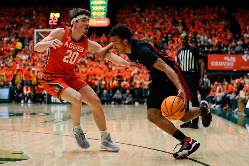 Jan 19, 2024; Fort Collins, Colorado, USA; UNLV Rebels guard Dedan Thomas Jr. (11) drives to the basket against Colorado State Rams guard Joe Palmer (20) in the first half at Moby Arena. Mandatory Credit: Isaiah J. Downing-USA TODAY Sports