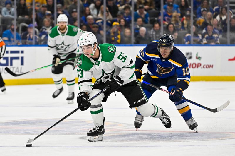 Dec 27, 2023; St. Louis, Missouri, USA;  Dallas Stars center Wyatt Johnston (53) controls the puck against the St. Louis Blues during the first period at Enterprise Center. Mandatory Credit: Jeff Curry-USA TODAY Sports