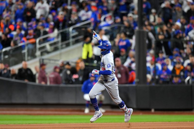 Oct 17, 2024; New York City, New York, USA; Los Angeles Dodgers shortstop Mookie Betts (50) reacts after hitting a two run home run against the New York Mets in the sixth inning during game four of the NLCS for the 2024 MLB playoffs at Citi Field. Mandatory Credit: John Jones-Imagn Images