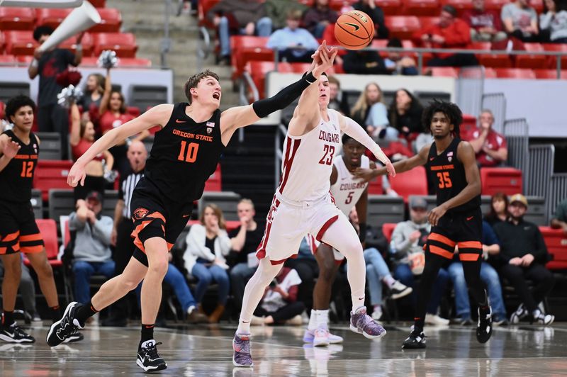 Feb 16, 2023; Pullman, Washington, USA; Washington State Cougars forward Andrej Jakimovski (23) steals the ball from Oregon State Beavers forward Tyler Bilodeau (10) in the second half at Friel Court at Beasley Coliseum. Washington State won 80-62. Mandatory Credit: James Snook-USA TODAY Sports