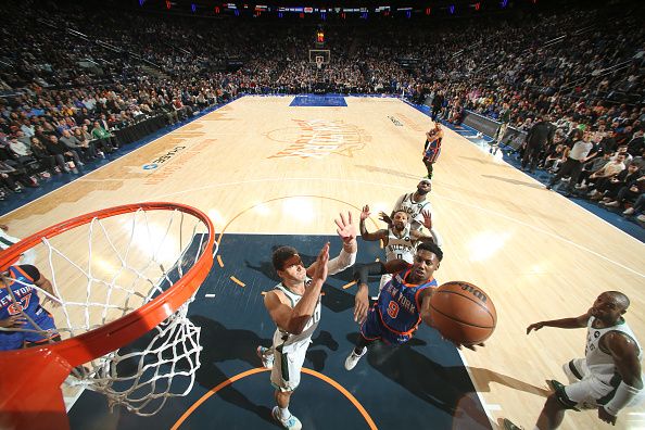 NEW YORK, NY - DECEMBER 23:  RJ Barrett #9 of the New York Knicks goes to the basket during the game on December 23, 2023 at Madison Square Garden in New York City, New York.  NOTE TO USER: User expressly acknowledges and agrees that, by downloading and or using this photograph, User is consenting to the terms and conditions of the Getty Images License Agreement. Mandatory Copyright Notice: Copyright 2023 NBAE  (Photo by Nathaniel S. Butler/NBAE via Getty Images)