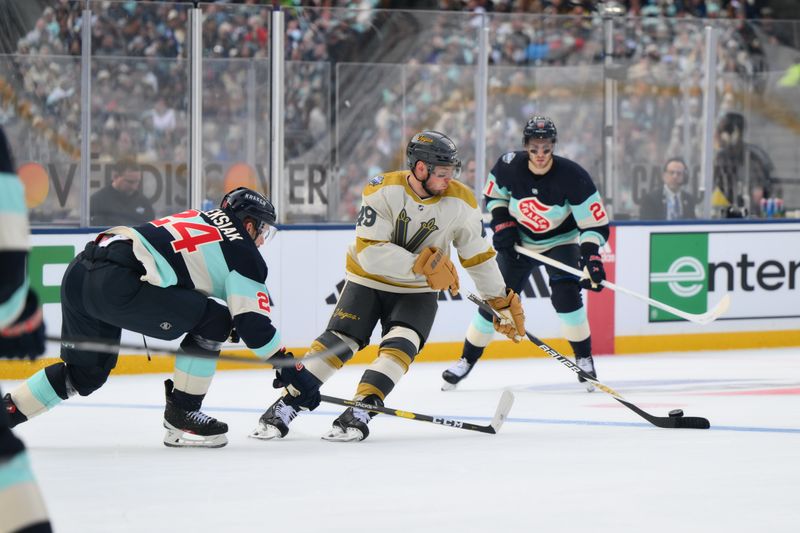 Jan 1, 2024; Seattle, Washington, USA; Vegas Golden Knights center Ivan Barbashev (49) protects the puck from Seattle Kraken defenseman Jamie Oleksiak (24) during the game in the 2024 Winter Classic ice hockey game at T-Mobile Park. Mandatory Credit: Steven Bisig-USA TODAY Sports