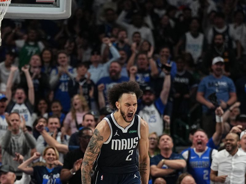 DALLAS, TX - APRIL 28: Dereck Lively II #2 of the Dallas Mavericks celebrates during the game against the LA Clippers during Round 1 Game 4 of the 2024NBA Playoffs on April 28, 2024 at the American Airlines Center in Dallas, Texas. NOTE TO USER: User expressly acknowledges and agrees that, by downloading and or using this photograph, User is consenting to the terms and conditions of the Getty Images License Agreement. Mandatory Copyright Notice: Copyright 2024 NBAE (Photo by Glenn James/NBAE via Getty Images)